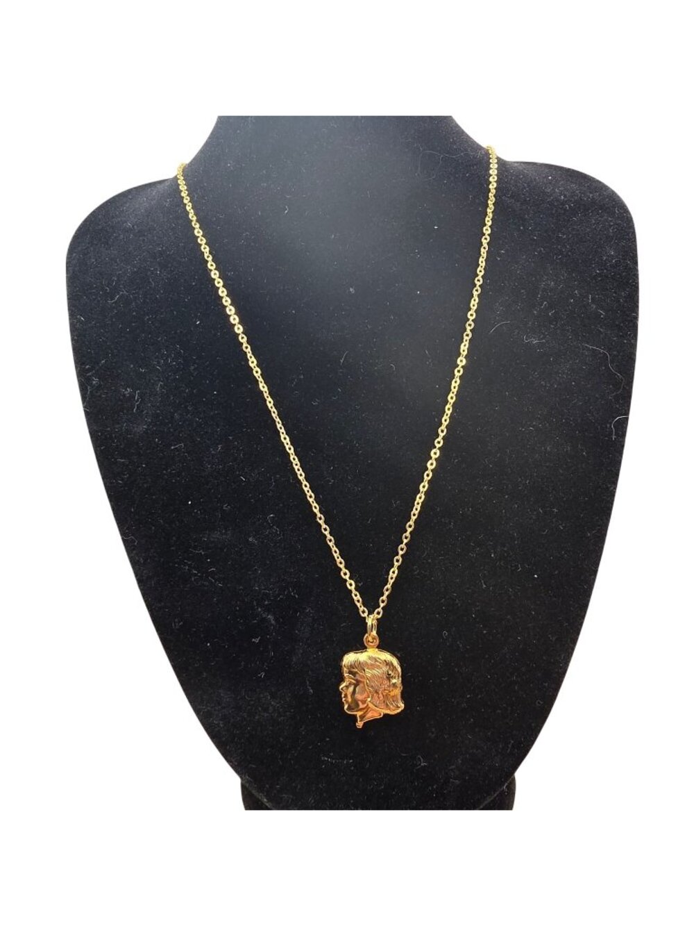 Vintage Girl Head Silhouette Pendant Necklace Gold Tone 18in Profile Keepsake